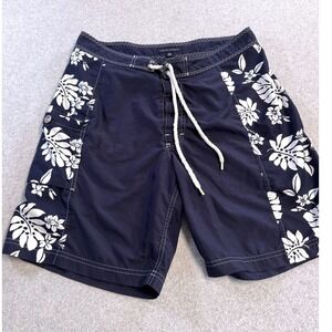 Banana Republic Board Shorts Mens 35 Navy Blue Floral Hibiscus Tropical Surf
